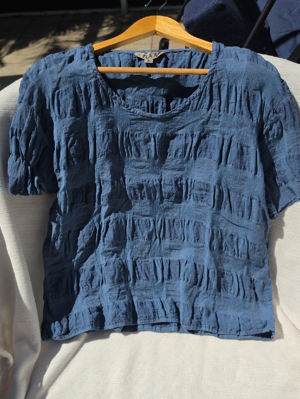 Flax Short-Sleeve Textured Indigo Blue Linen Top